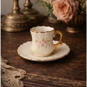 Vintage Porcelain Demitasse Cup & Saucer – Pink Rose Floral – Shabby Chic